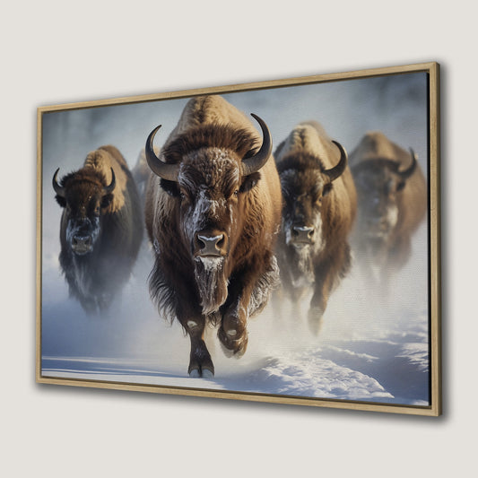 Herd of Buffalo Running Through Snowy Field Canvas Print