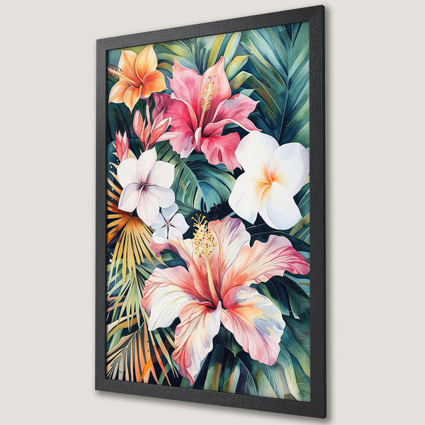 Framed Poster featuring watercolor tropical flowers in pink, orange, and green, perfect for adding a touch of nature to your home decor.