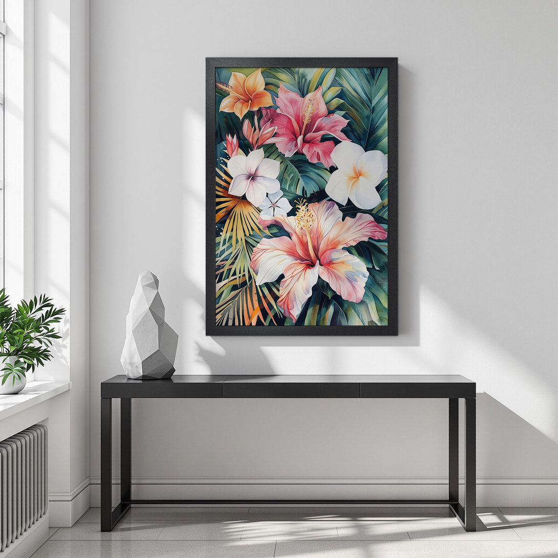 Framed Poster featuring watercolor tropical flowers in pink, orange, and green. Perfect wall art for a vibrant home decor update.
