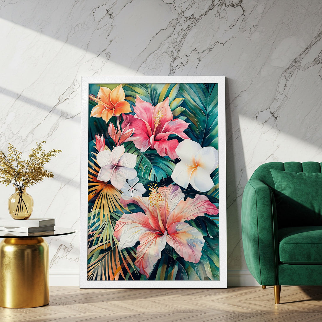 Framed Poster featuring vibrant watercolor floral art. Tropical style with a palette of pink, orange, and green. Perfect wall decor!