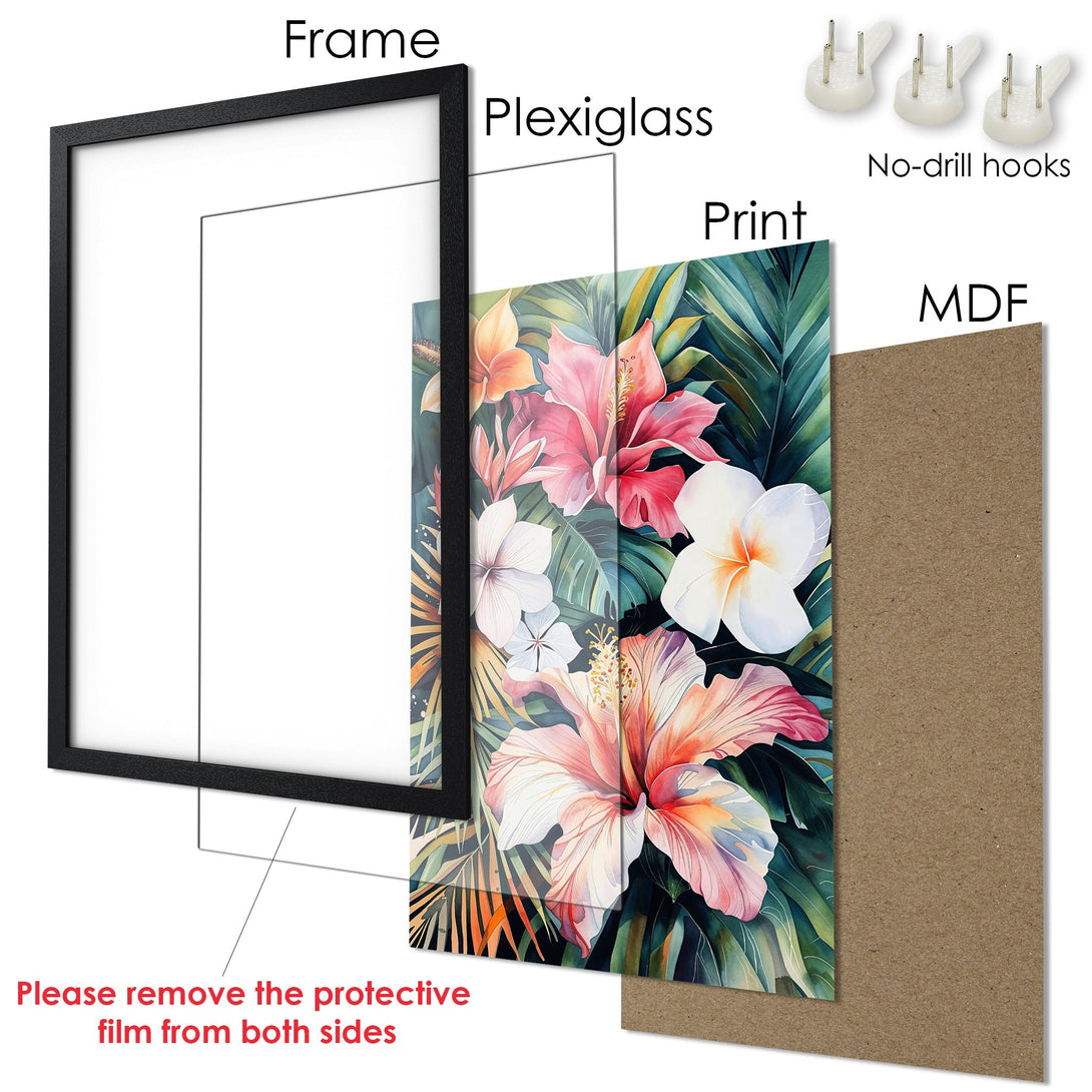 Framed Poster featuring a vibrant floral watercolor design with pink and white flowers, set in a black frame.