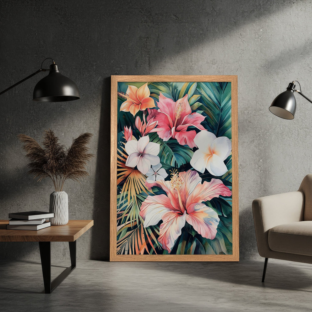 Framed Poster featuring watercolor tropical flowers in pink, orange, and green hues. Perfect wall art for a vibrant home decor.