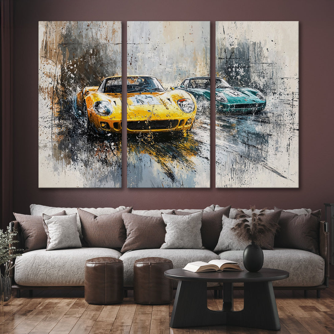 Canvas Print of classic race cars in abstract style, featuring yellow and green cars with a neutral color palette. Perfect for modern decor.