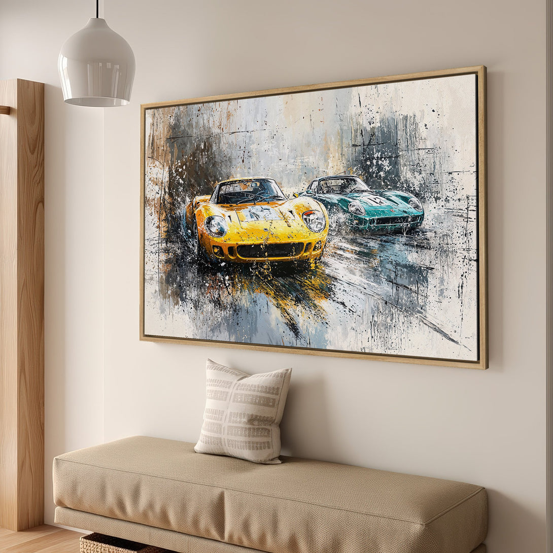 Framed Wall Art: Abstract racing car canvas print in yellow and teal. Modern art for your home decor, featuring a neutral color palette.