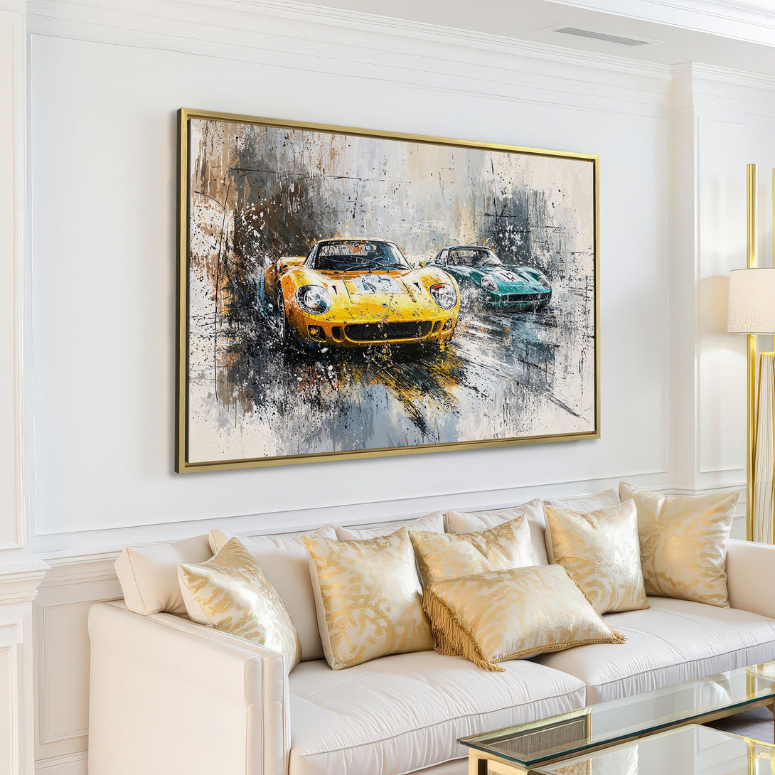 Canvas Print featuring abstract race cars in yellow and teal, set against a neutral gray and white palette, perfect for modern decor.