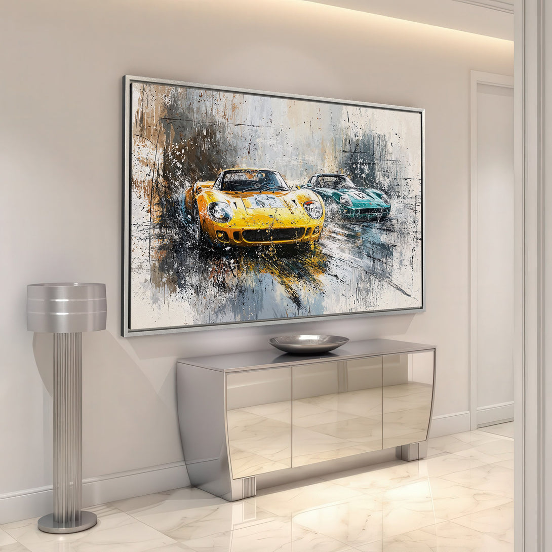 Framed Wall Art featuring a dynamic painting of race cars in yellow and teal. Abstract style with splashes of gray, brown, and white. Perfect for modern decor.