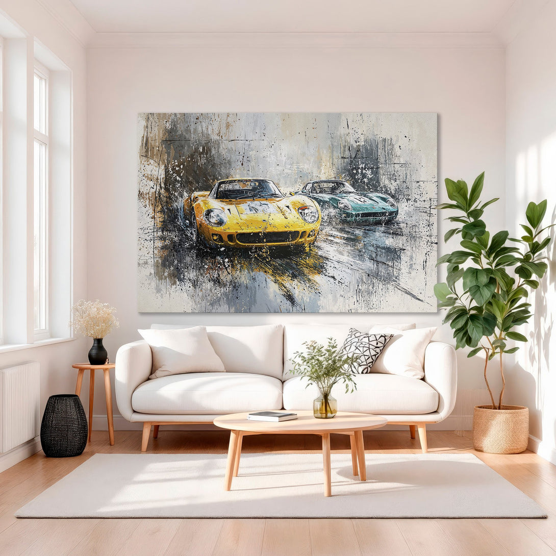 Framed Wall Art: Abstract painting of vintage race cars in yellow & teal. Modern art with a neutral color palette. Perfect for home decor.