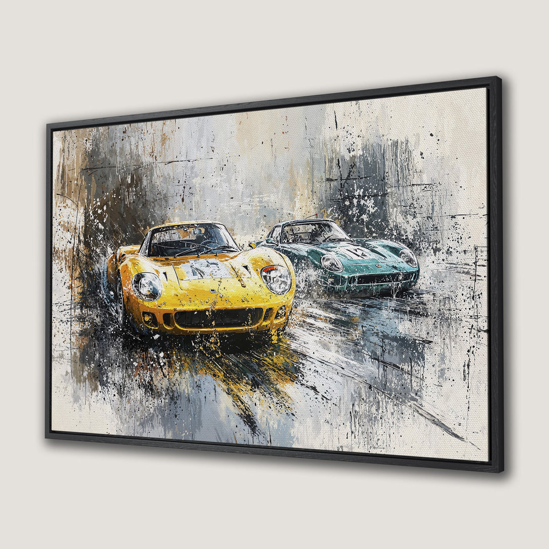 Framed Wall Art: Abstract painting of vintage race cars. Bold yellow & green cars with a grey, black, and white color palette. Perfect for car enthusiasts.