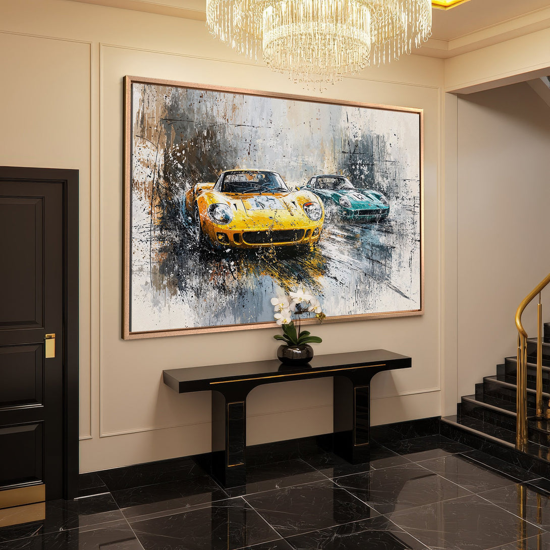 Framed Wall Art: Abstract painting of yellow and green race cars. Modern art in a neutral color palette. Perfect for luxury home decor.