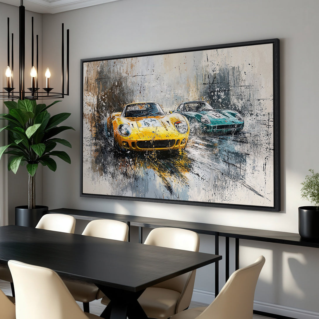 Framed Wall Art: Abstract racing cars in yellow and teal. Modern art print with neutral, gray, and brown tones. Perfect for a stylish home decor upgrade!
