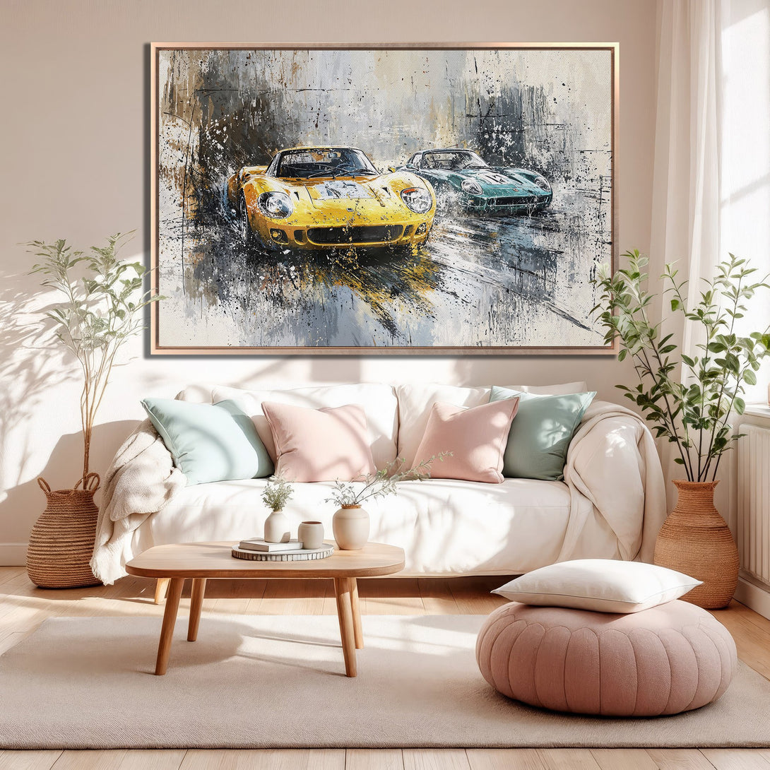 Framed Wall Art featuring a vibrant yellow sports car painting. Abstract style with a neutral and warm color palette, perfect for living room decor.