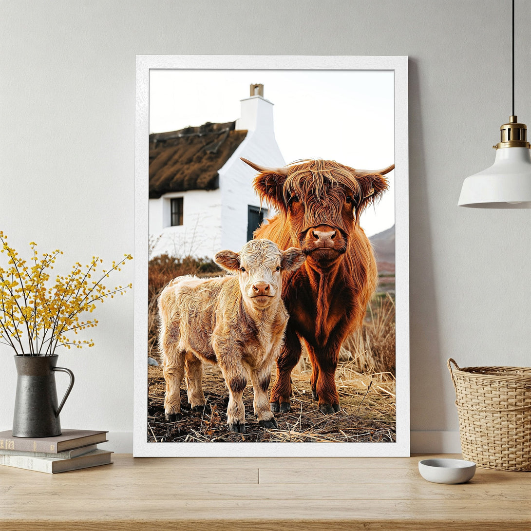 Framed Poster featuring Highland cows in a warm, rustic style. Earthy tones and a cozy aesthetic for your home decor.