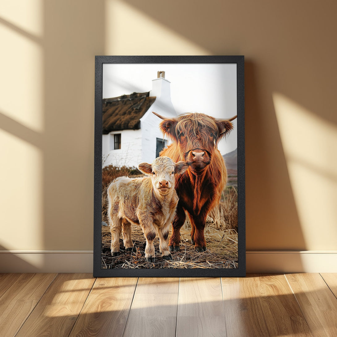Framed Poster featuring Highland cows in a rustic style with warm brown and beige tones. Perfect wall art for a cozy home.