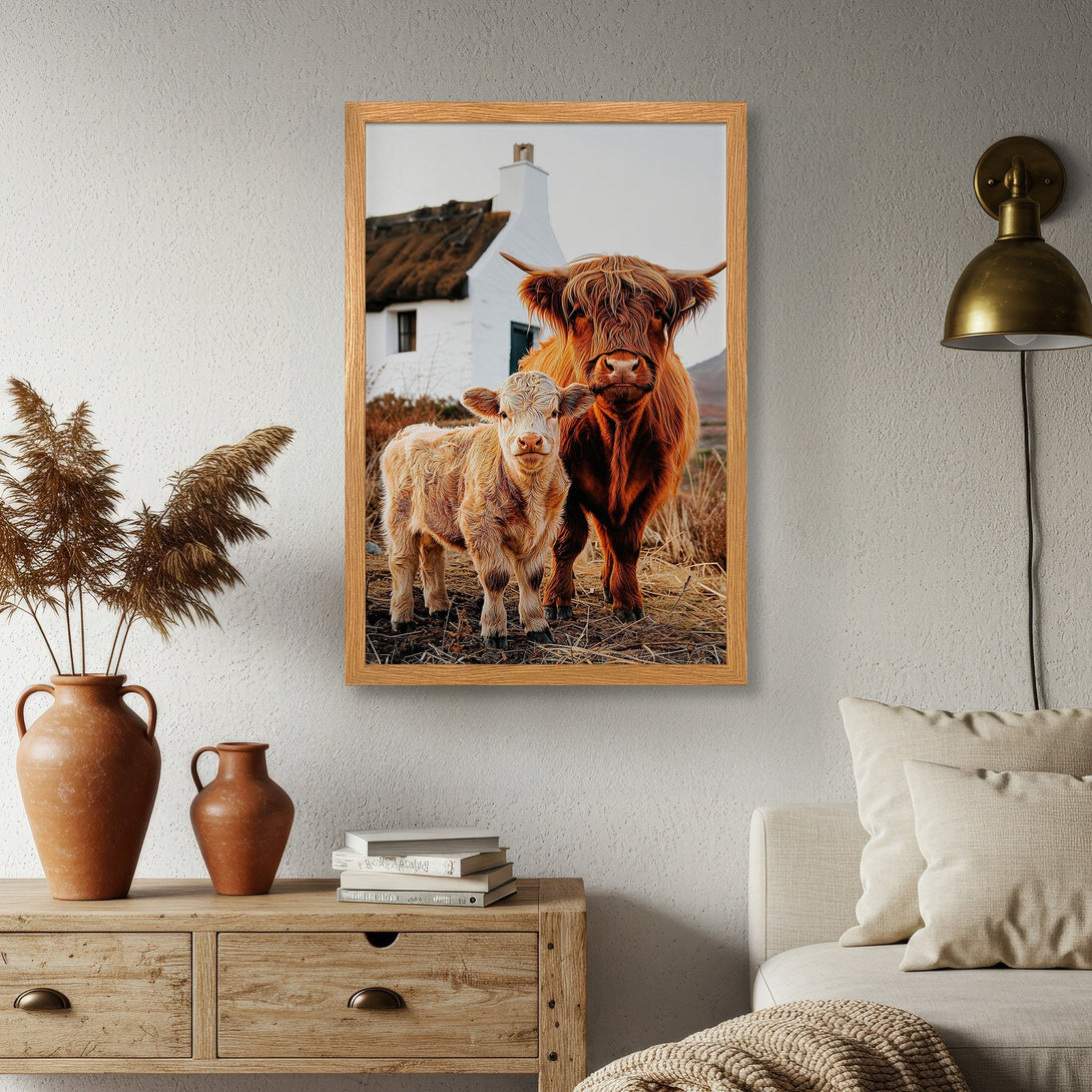 Framed Poster featuring Highland cows. Rustic style, warm earth-tone color palette. Perfect wall art for a cozy home.