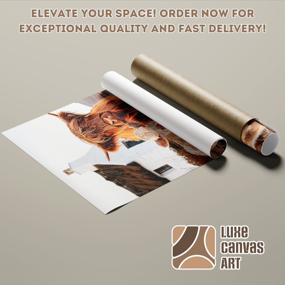 Poster Roll featuring a Highland cow, warm earth tones, and a rustic style. Order yours today!