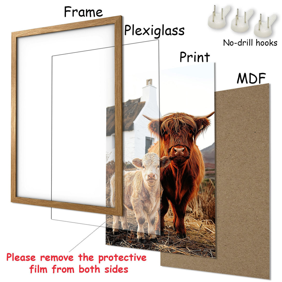 Framed Poster featuring Highland cows in warm tones. Rustic style artwork ready to hang. Add a touch of nature to your space!