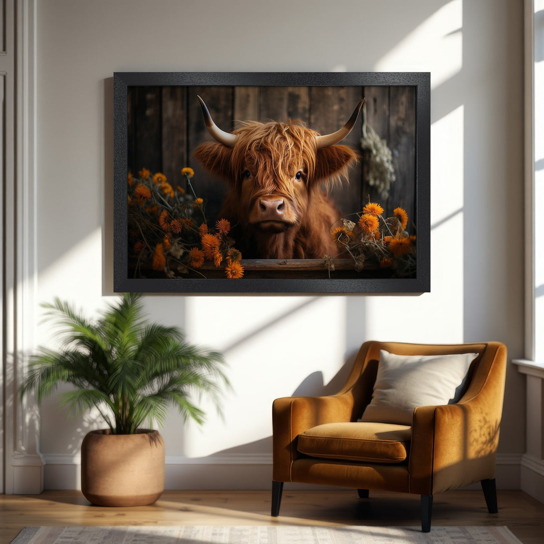 Framed Poster featuring a Highland cow, rustic style, warm orange and brown tones. Perfect wall art for a cozy home.