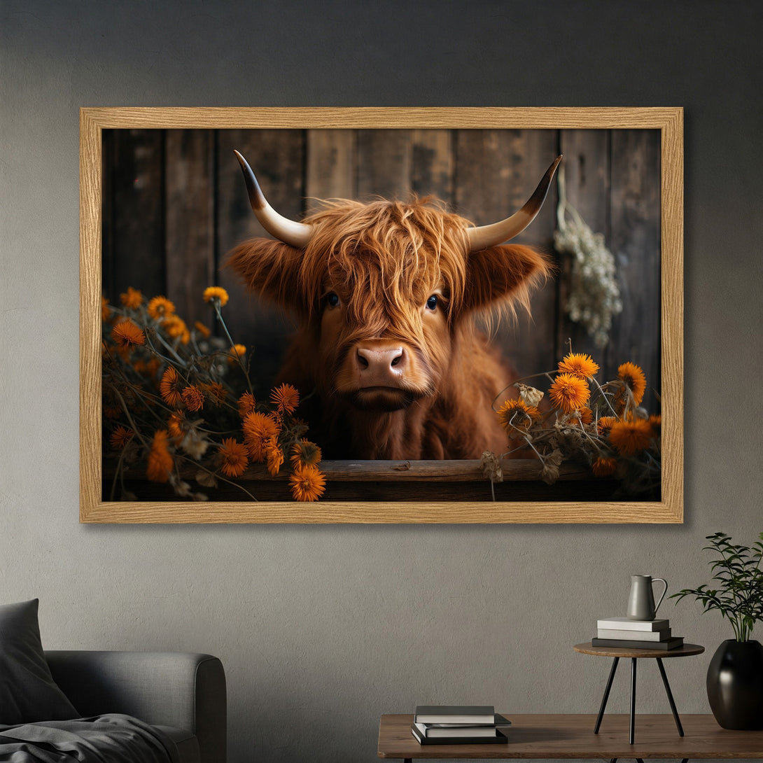 Framed Poster featuring a Highland cow with rustic style and warm, earthy tones. Perfect wall art for farmhouse decor!