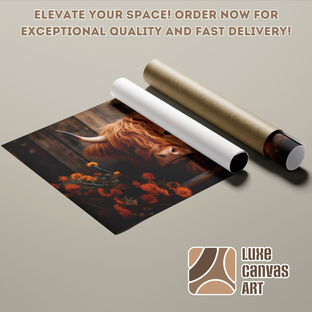 Poster Roll featuring a Highland cow, warm tones, and rustic style. Elevate your space with this stunning art!