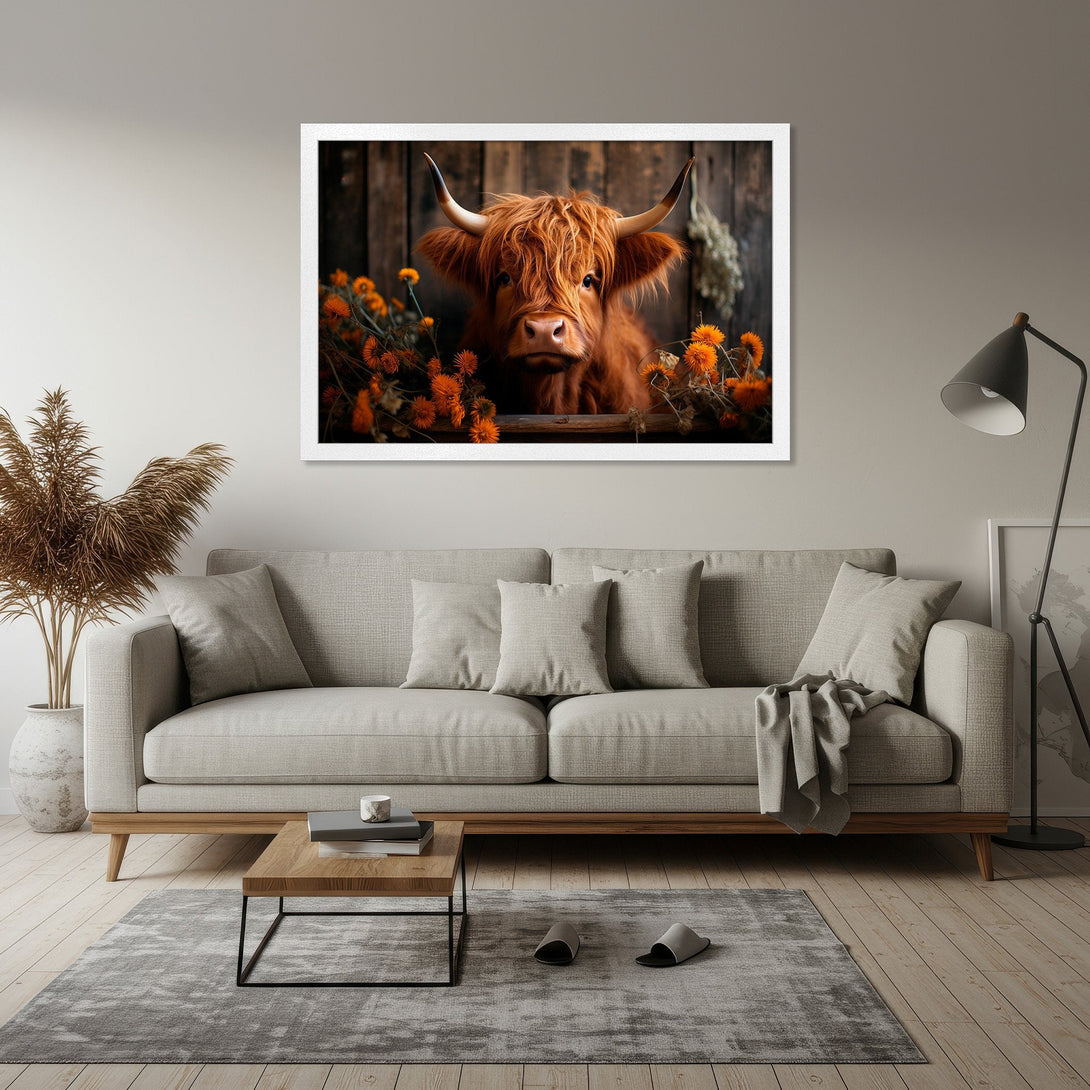 Framed Poster featuring a Highland cow with orange flowers. Rustic style, warm brown and orange color palette. Perfect wall art for your home.