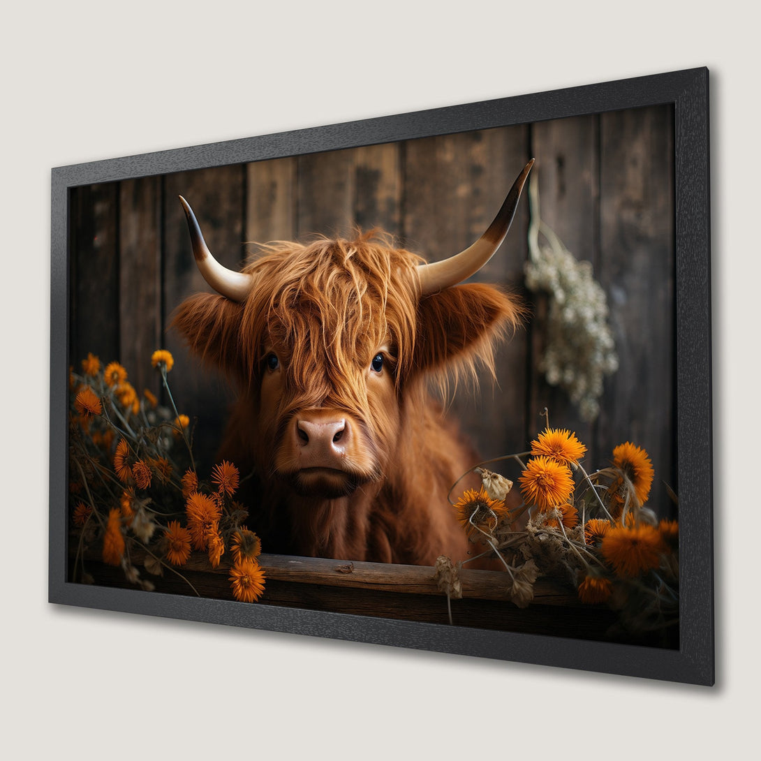 Framed Poster featuring a Highland cow with orange flowers, rustic style, warm brown and orange palette. Add charm to your space!