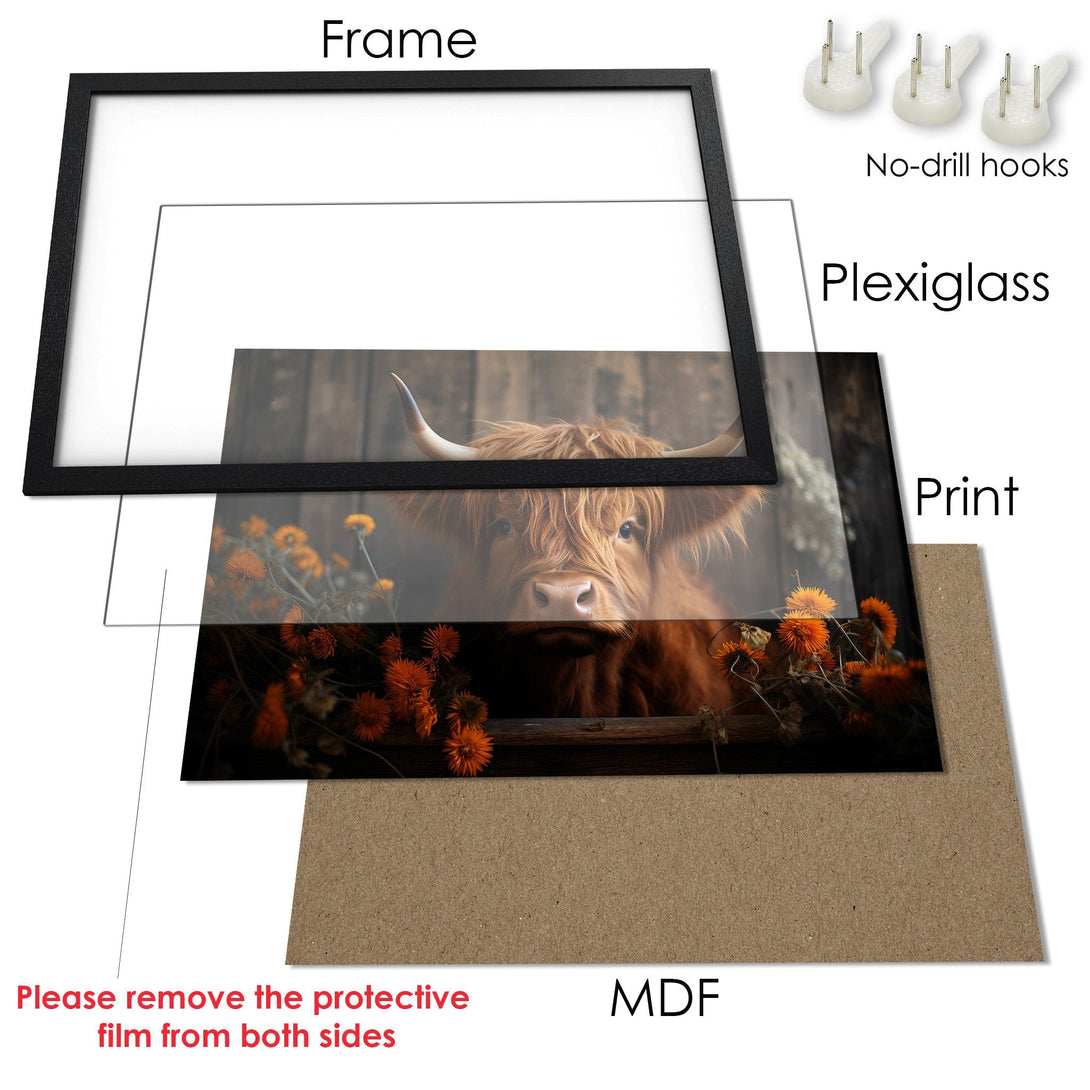 Framed Poster of a Highland Cow. Rustic style with warm orange and brown tones. Perfect wall art for your home!