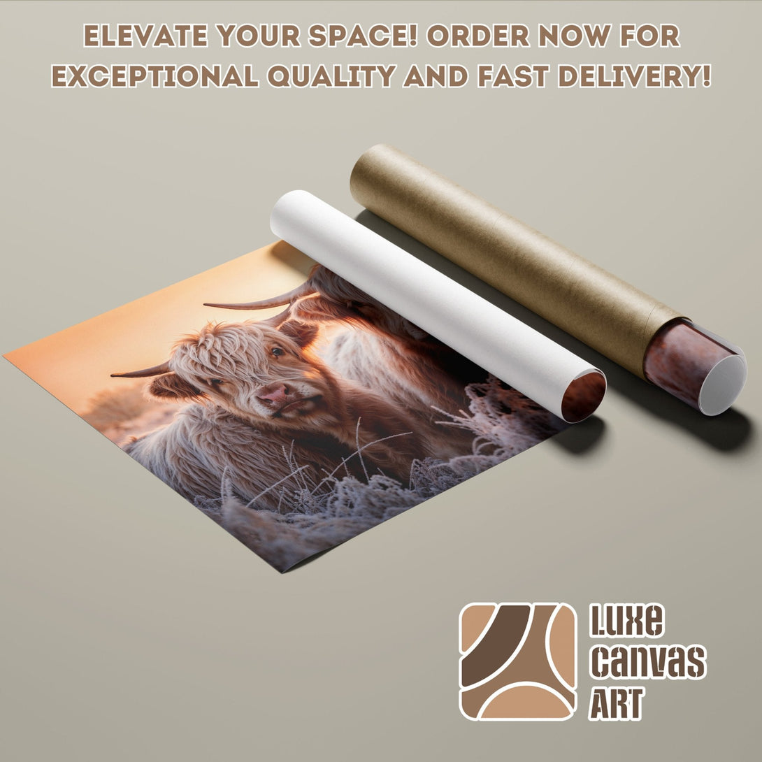 Poster Roll featuring a Highland cow, warm tones and natural style art. Elevate your space!