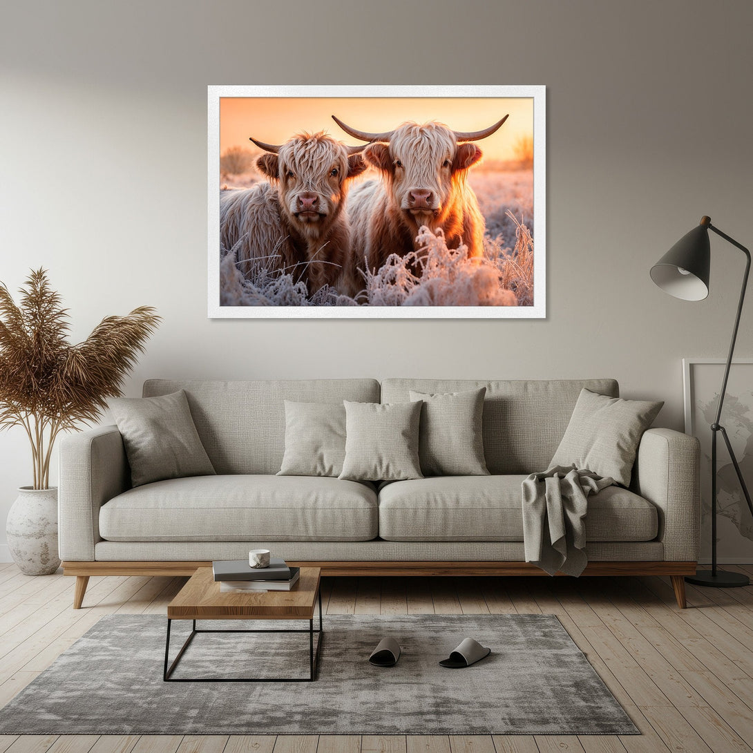 Framed Poster of Highland cows in a warm, natural style. Earthy tones of brown, orange, and beige create a cozy, inviting atmosphere.
