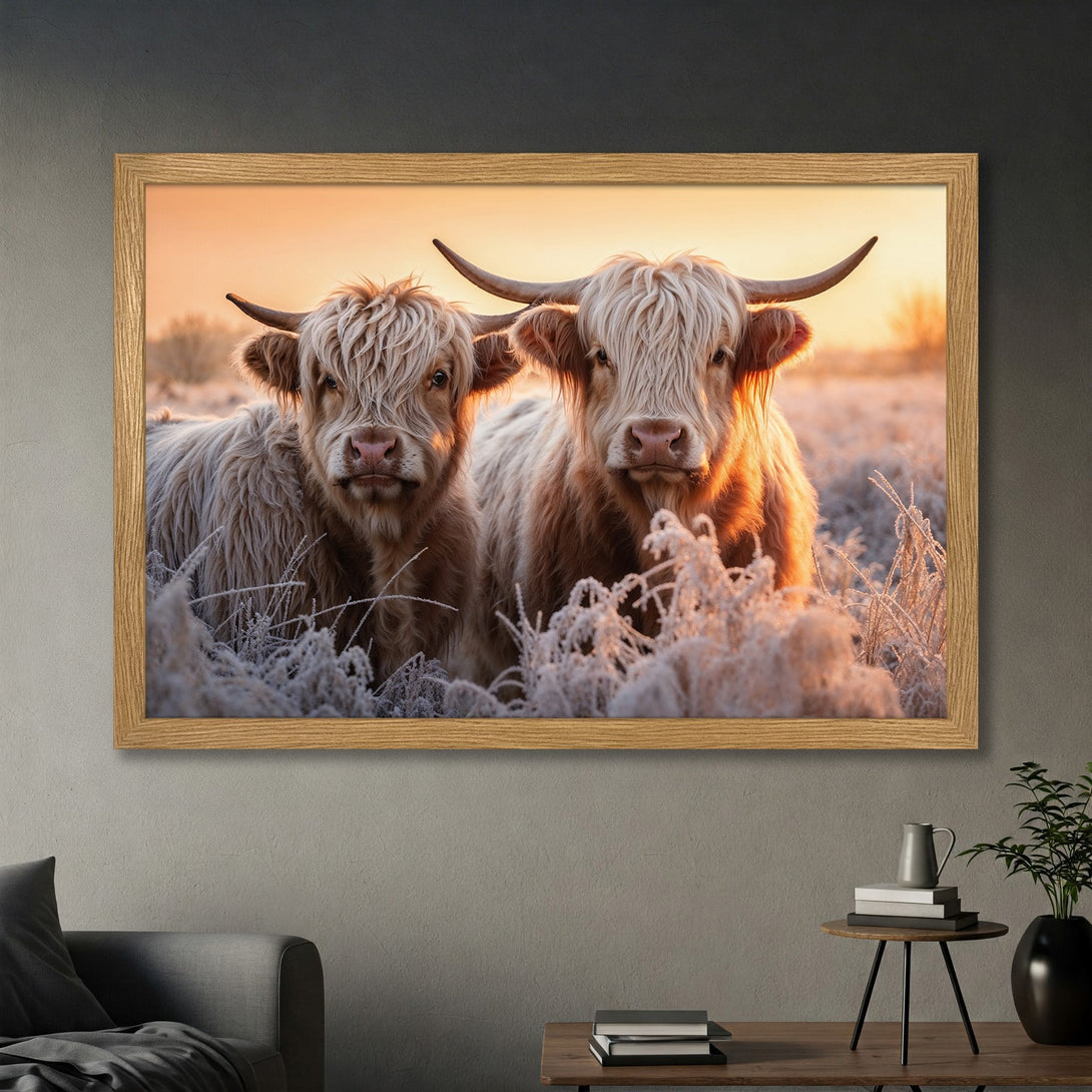 Framed Poster featuring Highland cows in a warm, rustic style. Earthy tones and golden light create a cozy, inviting atmosphere. Perfect wall art!