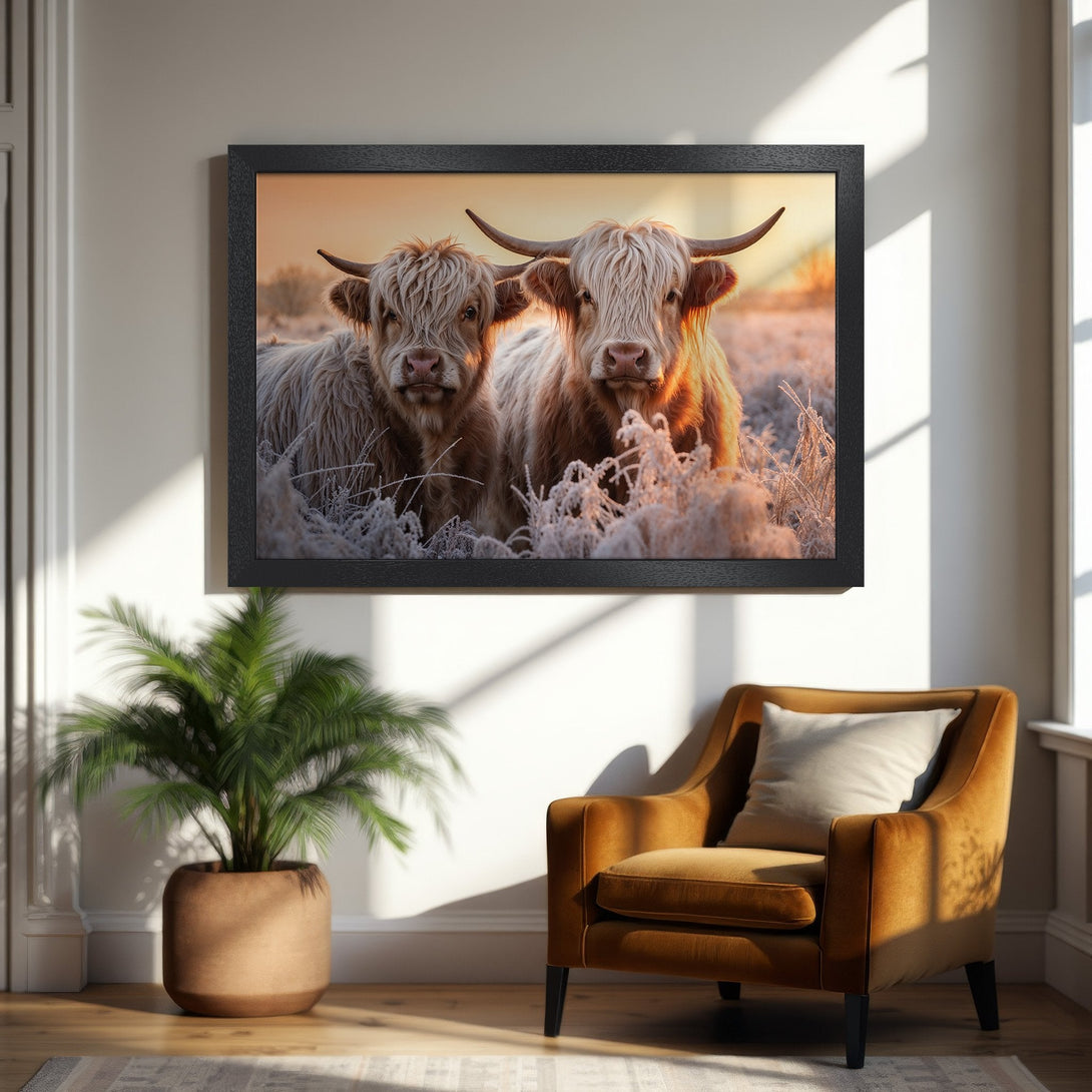 Framed Poster featuring Highland cows in a warm, rustic style with a golden color palette. Perfect wall art!
