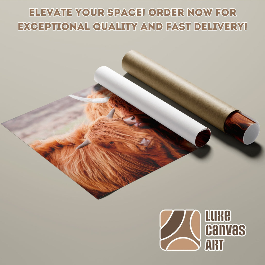 Poster Roll featuring a Highland cow, warm tones, perfect for your space! Order now!