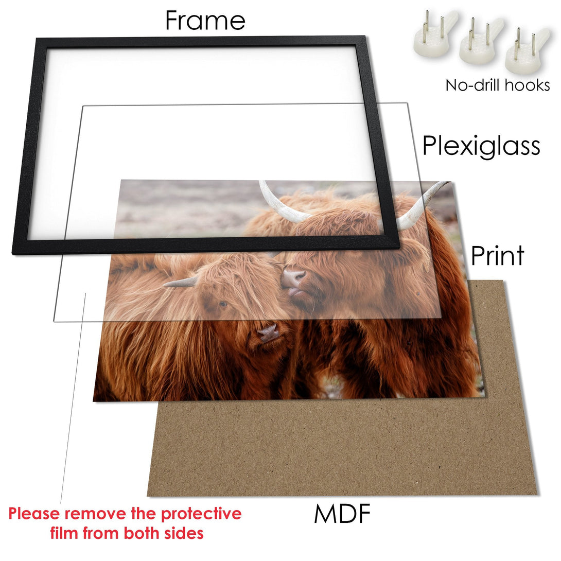 Framed Poster featuring Highland cows in warm, earthy tones. Rustic style, perfect for home decor.