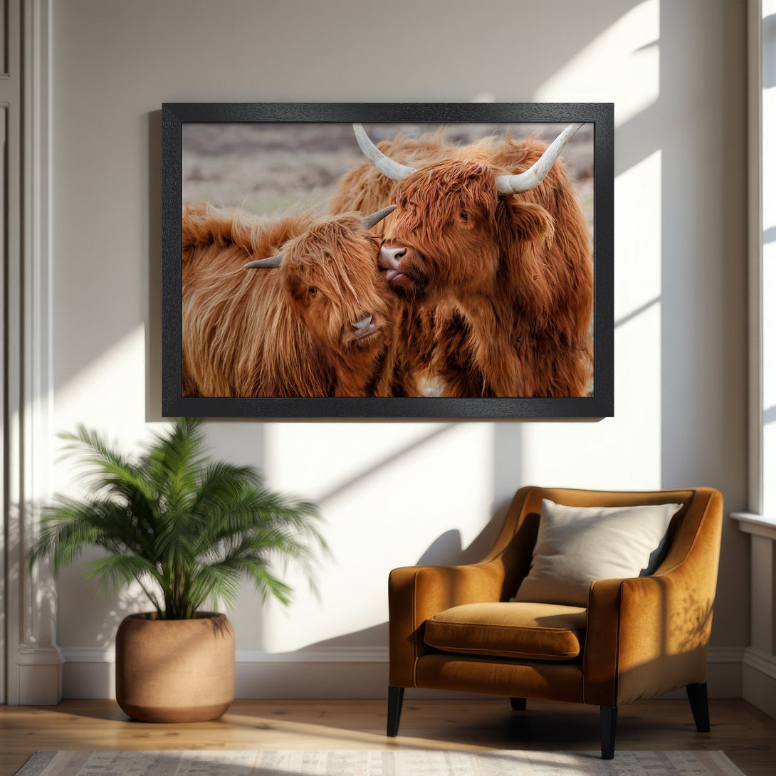 Framed Poster featuring Highland cows in warm tones, perfect for rustic home decor. Add a touch of nature!