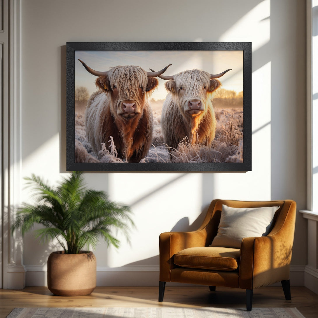 Framed Poster featuring Highland cows in a warm, rustic style with a golden and brown color palette. Perfect for farmhouse decor.