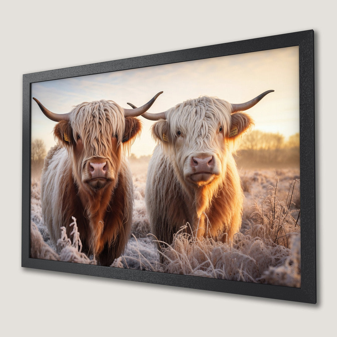 Framed Poster featuring Highland cows in a warm, rustic style. Earthy tones and golden light create a cozy, inviting aesthetic. Perfect wall art!
