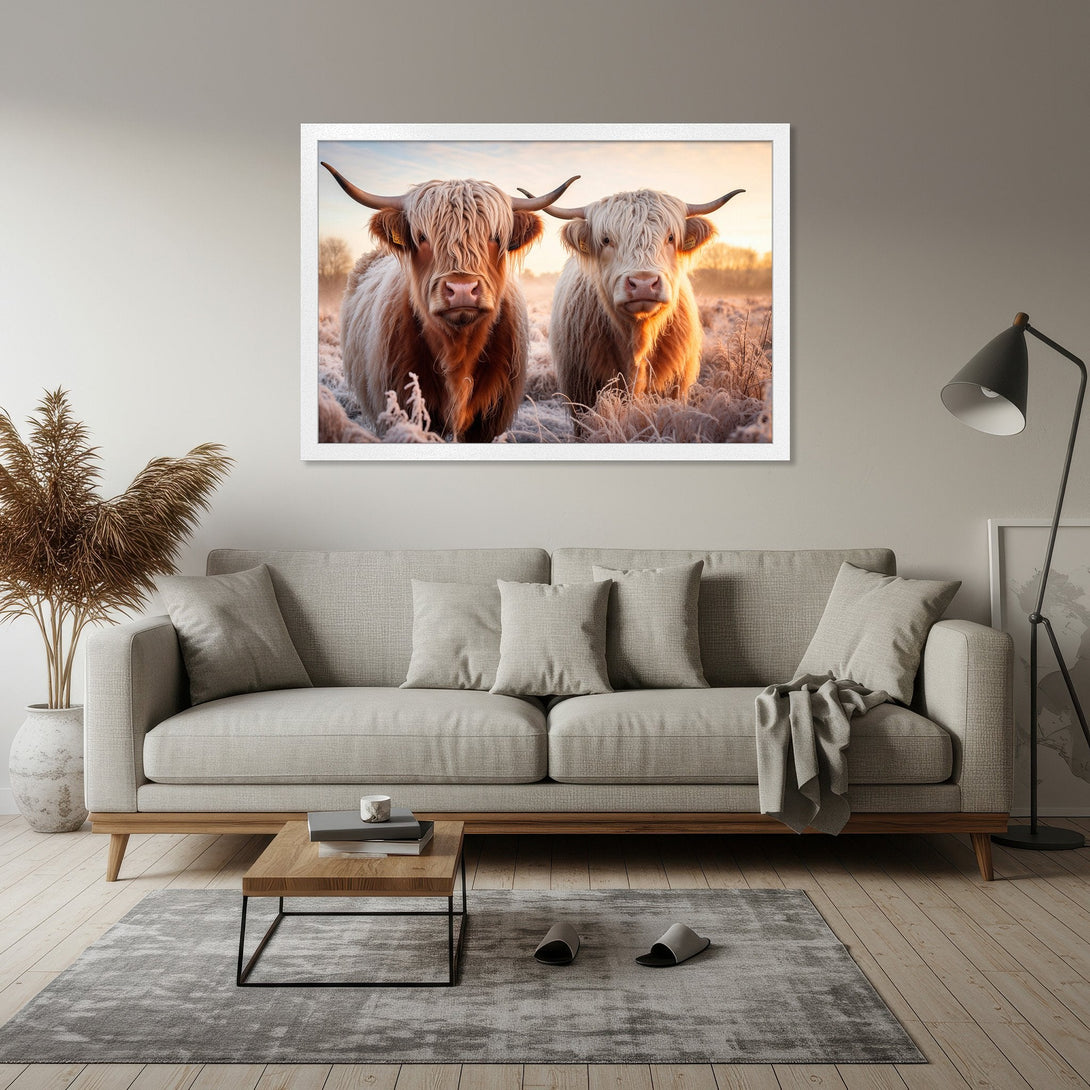 Framed Poster of Highland cows in a field. Rustic style with warm, earthy tones. Perfect wall art for your home.