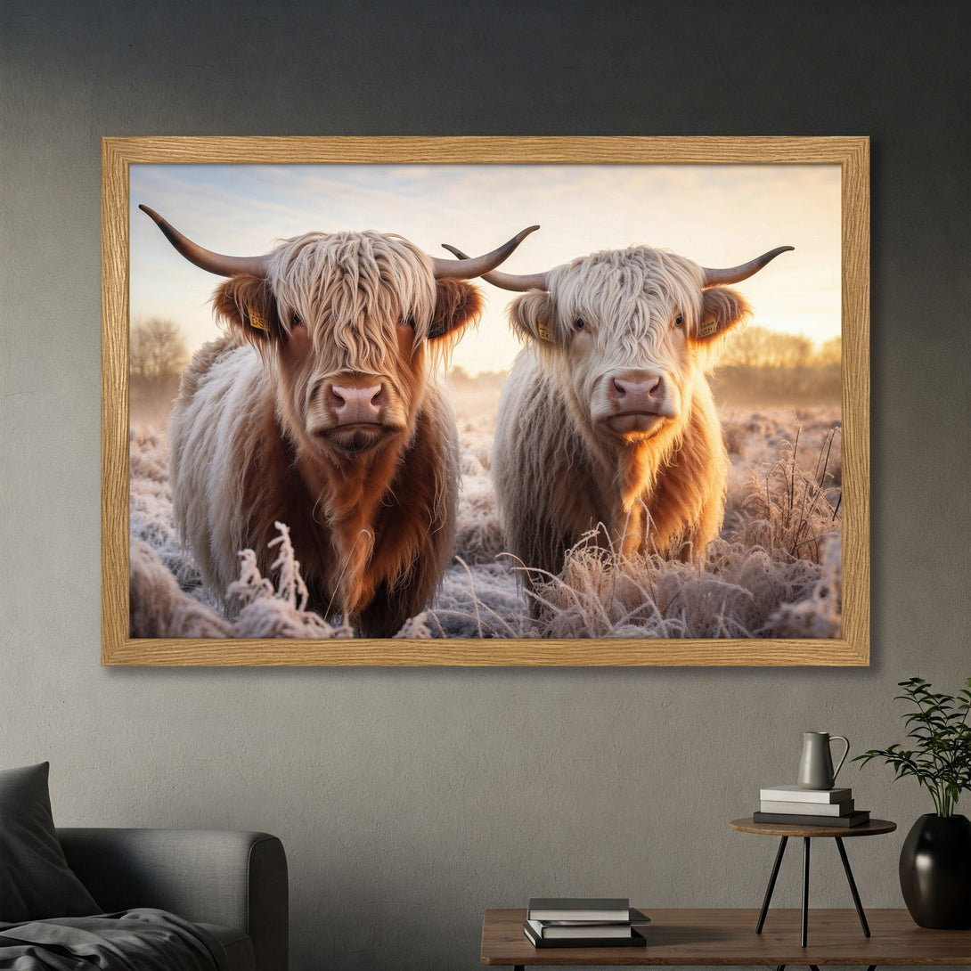 Framed Poster featuring two Highland cows in a field, warm sunset tones. Rustic style art print for your home decor.