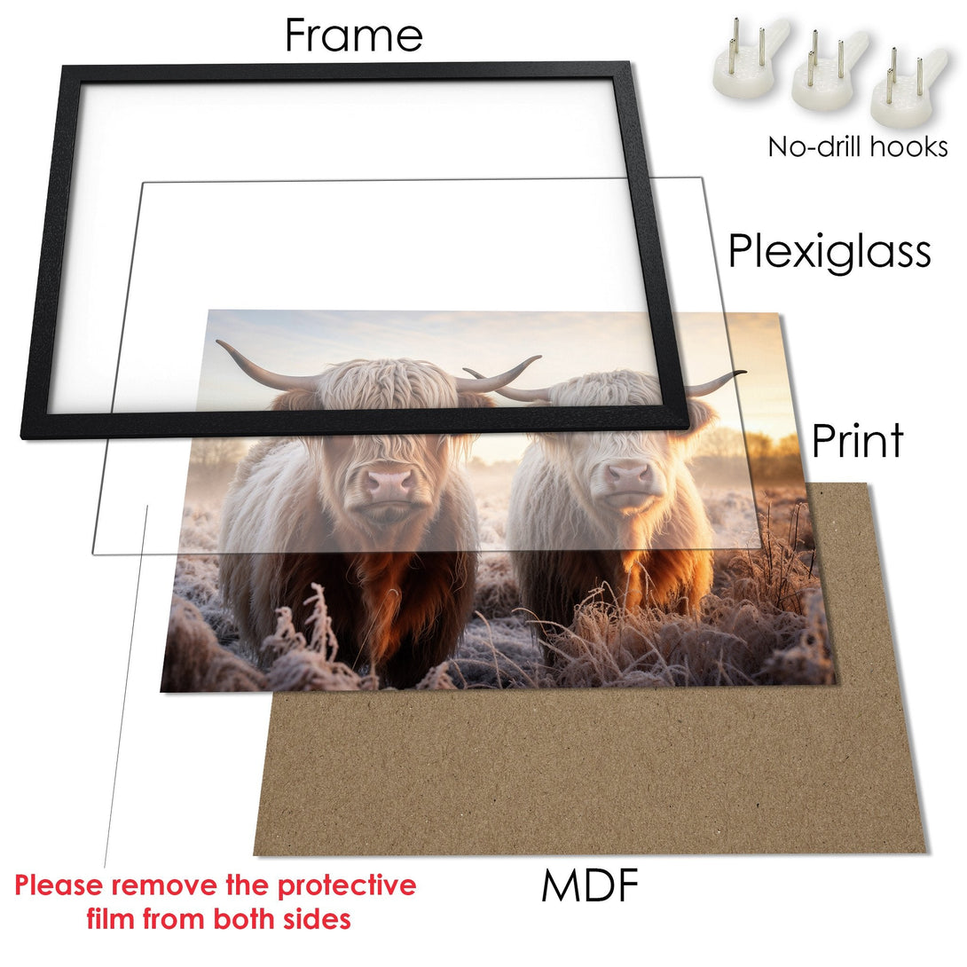 Framed Poster featuring Highland cows in a serene, warm-toned landscape. Rustic style with natural colors for a cozy home decor.