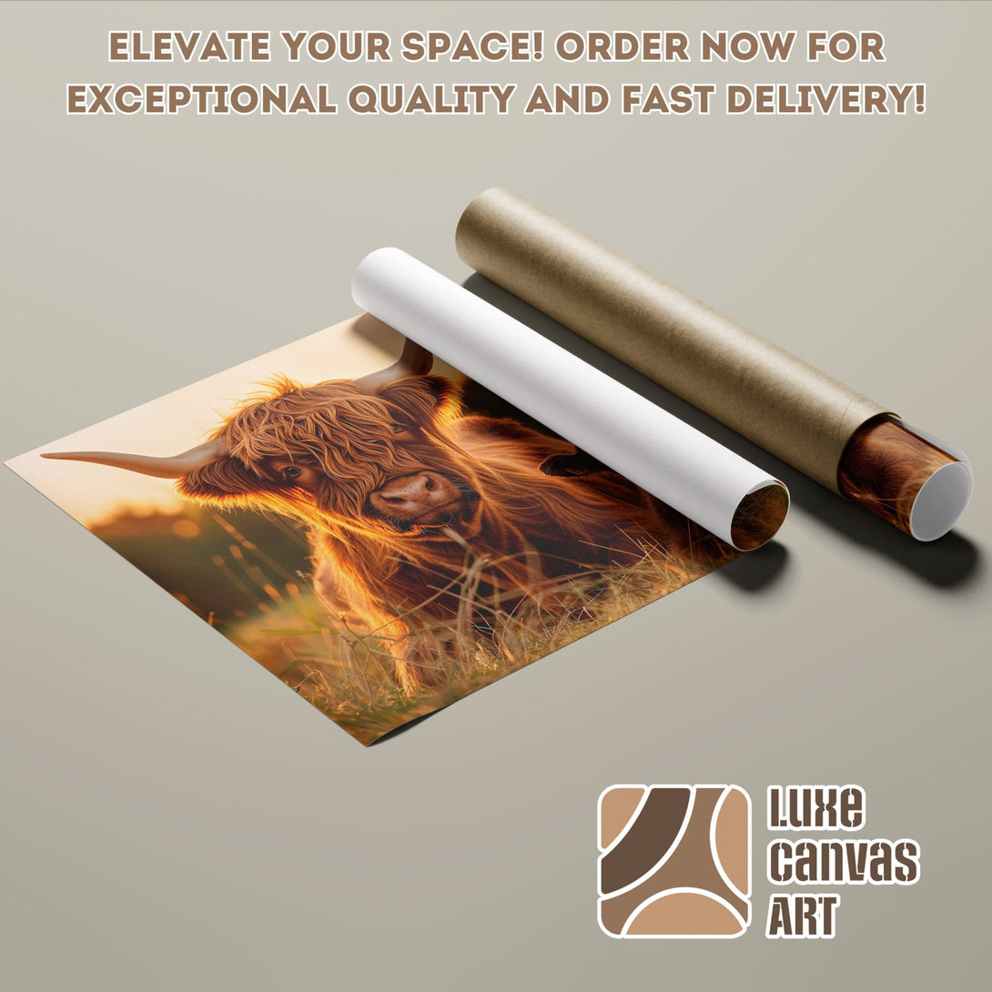 Highland cow poster roll, warm colors, rustic art. Elevate your space with this stunning poster!
