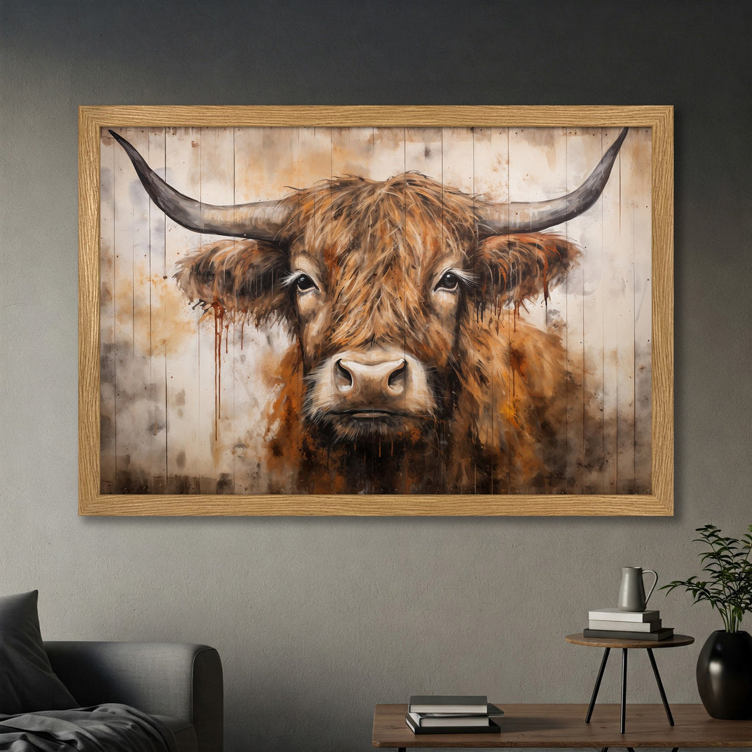Framed Poster featuring a watercolor-style Highland cow portrait. Warm brown and neutral color palette, perfect for rustic home decor.