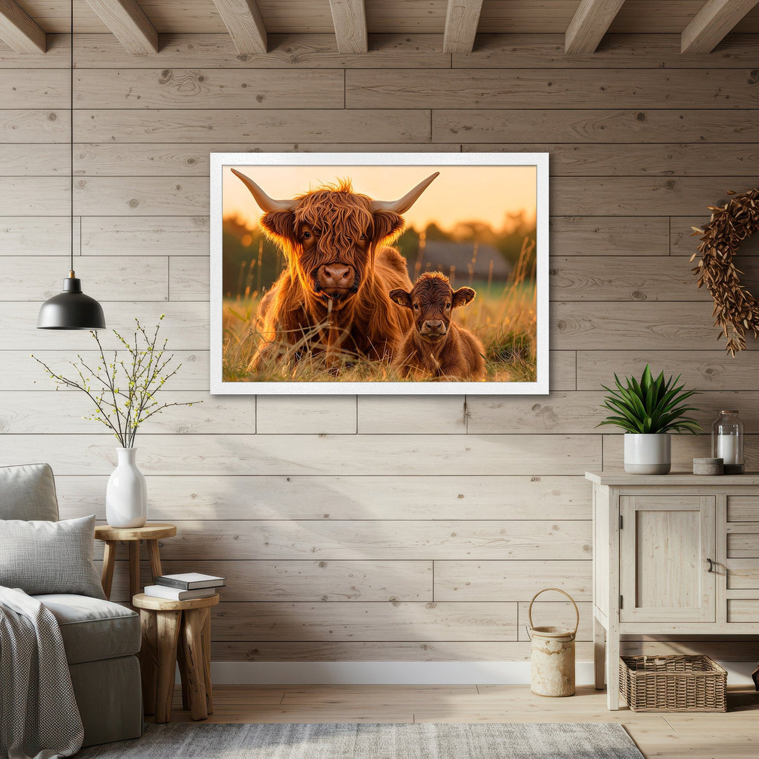 Framed Poster featuring a Highland cow and calf. Rustic style, warm orange and brown color palette. Perfect for farmhouse decor.