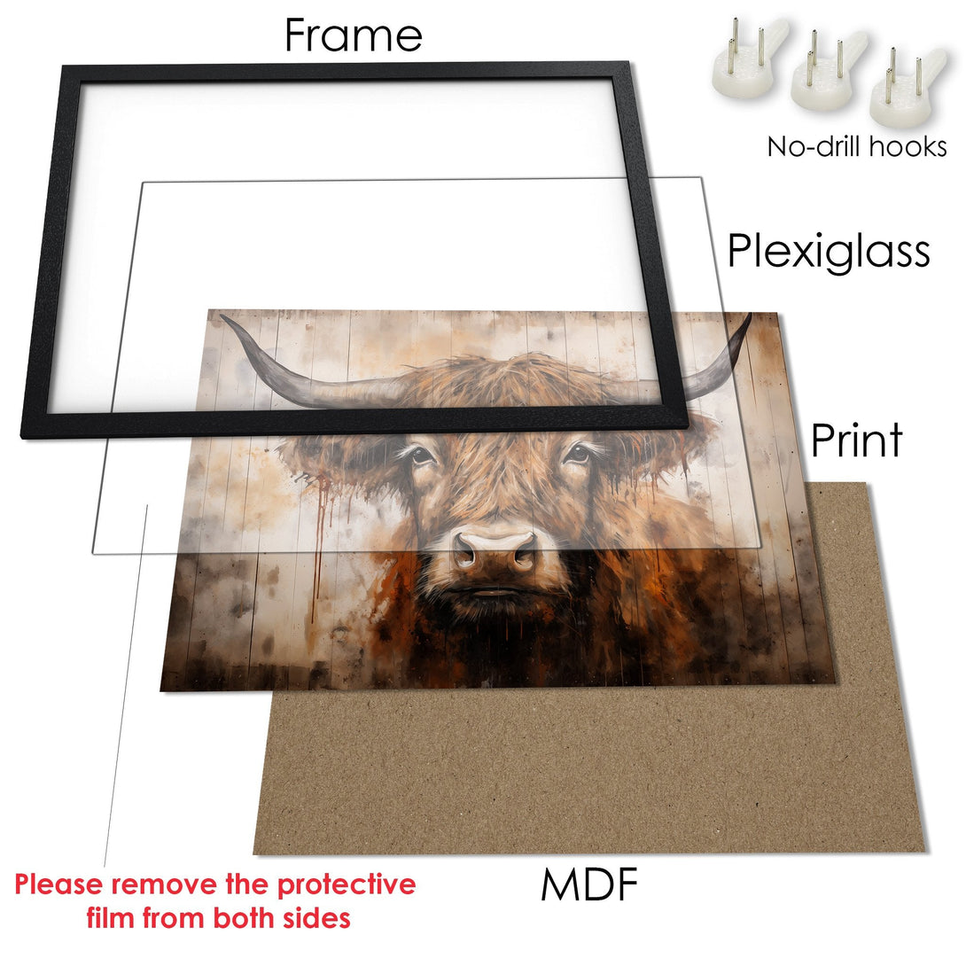 Framed Poster featuring a Highland cow in watercolor style, warm brown tones. Add rustic charm to your home!