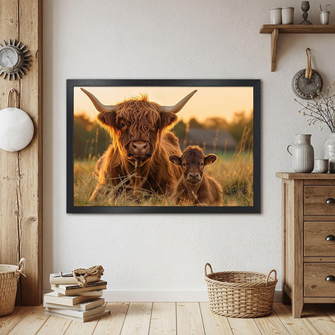 Framed Poster of Highland cow and calf in warm, golden tones. Rustic style art print for cozy home decor.