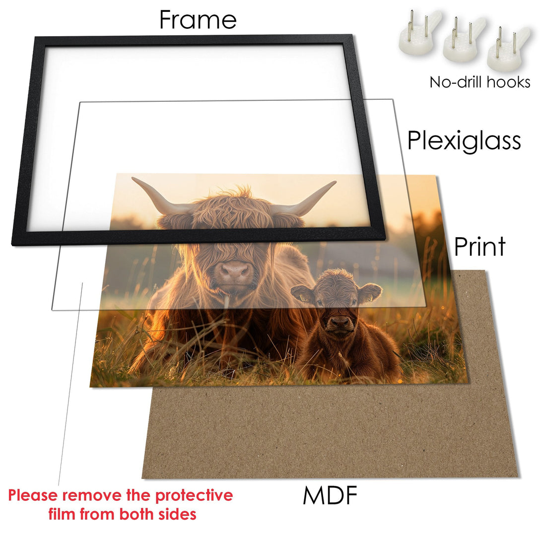 Framed Poster of Highland cow family in a warm, natural color palette. Rustic style, perfect wall art for your home.