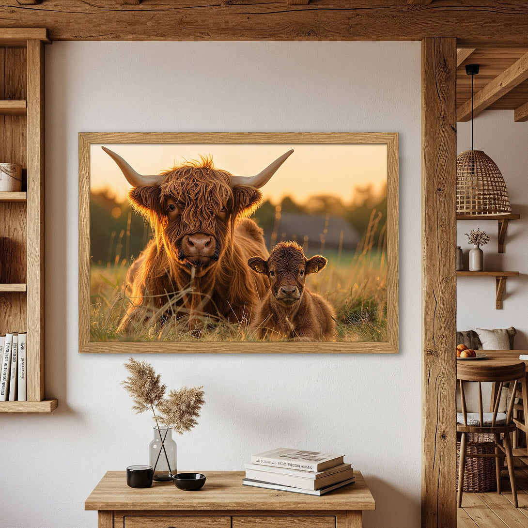 Framed Poster of Highland cows in a warm, rustic style with a golden color palette. Perfect for cozy home decor!