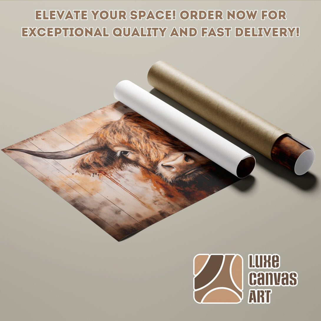 Highland Cow Poster Roll, rustic art in warm brown tones. Elevate your space with Luxe Canvas Art!