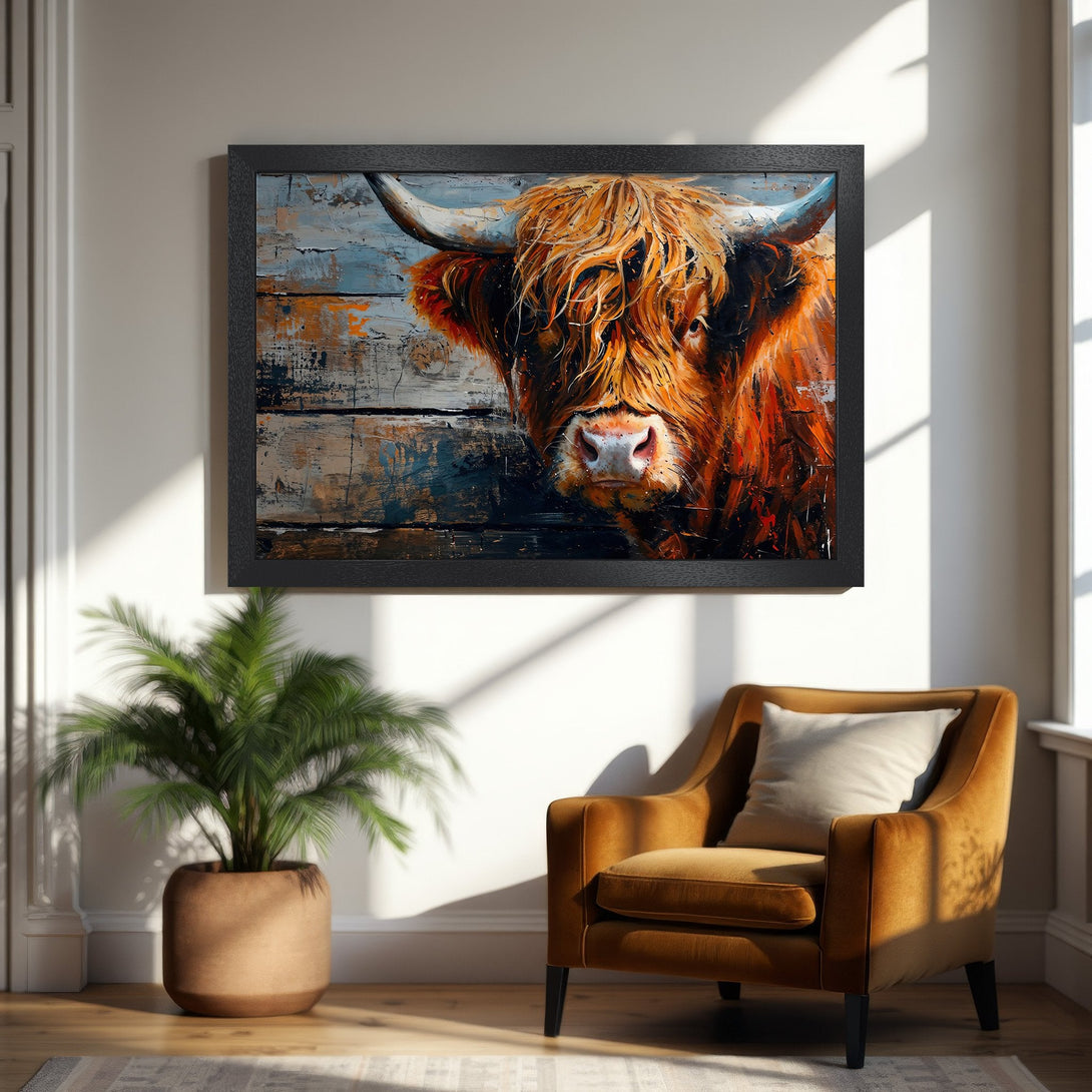 Framed Poster: Highland cow art print in warm orange and blue tones, perfect for rustic decor. Add a touch of nature to your space!