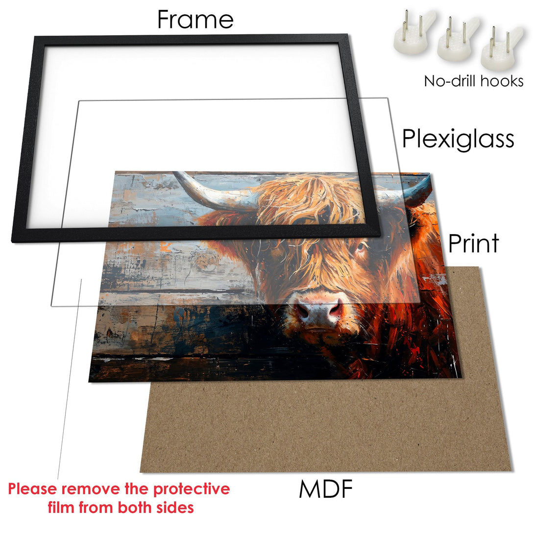 Framed Poster featuring a Highland cow in a rustic style with a warm, earthy color palette. Perfect wall art!