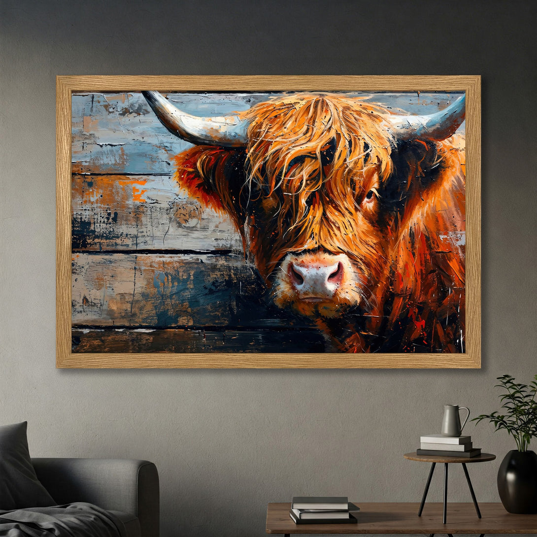 Framed Poster featuring a Highland Cow, an expressive abstract painting with warm orange and blue tones. Add rustic charm to your space!
