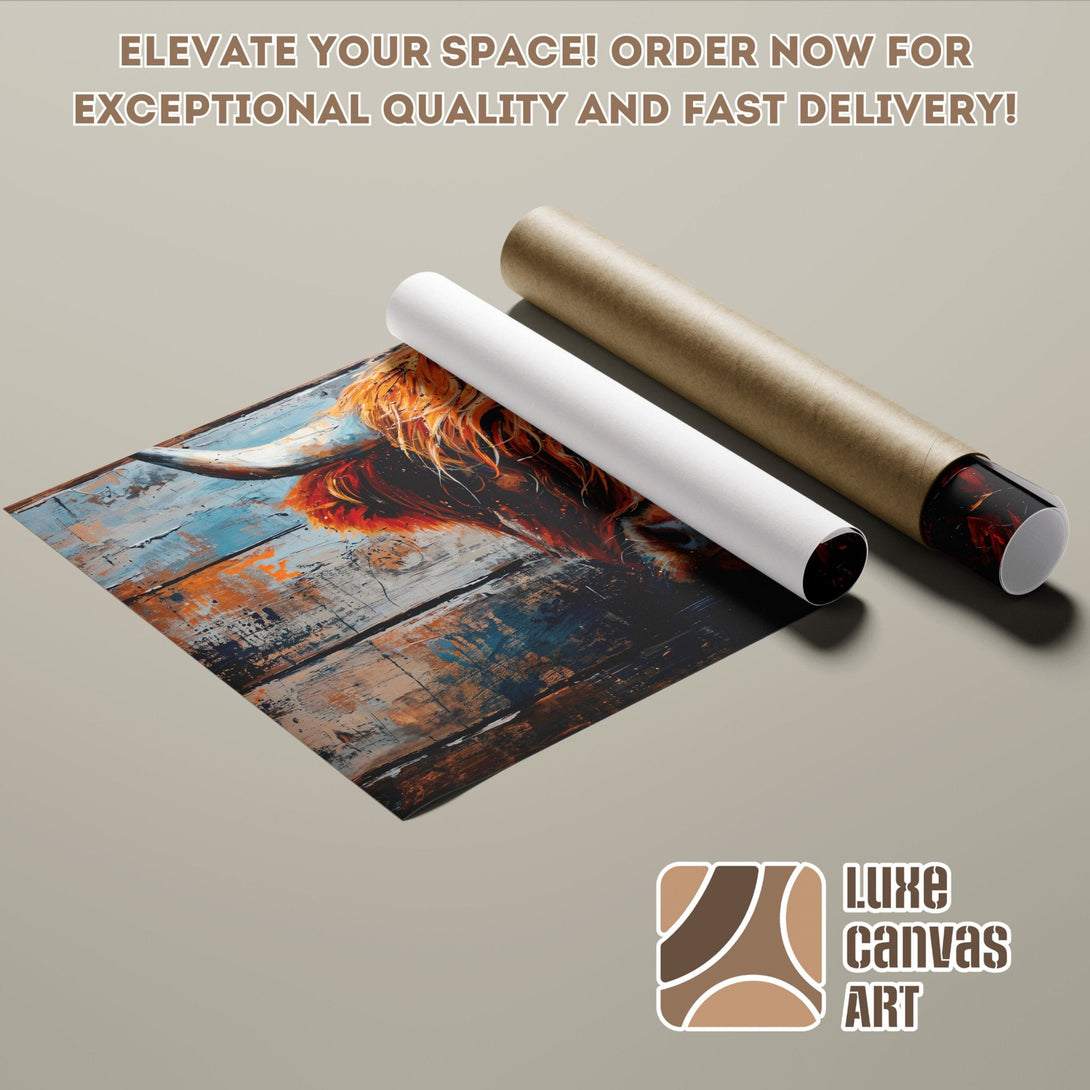 Poster Roll featuring a Highland cow painting, rustic style, with blue, orange, and brown tones.